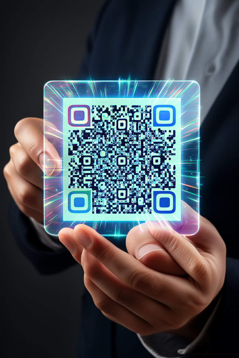 Dynamic QR code on a business card with holographic effect
