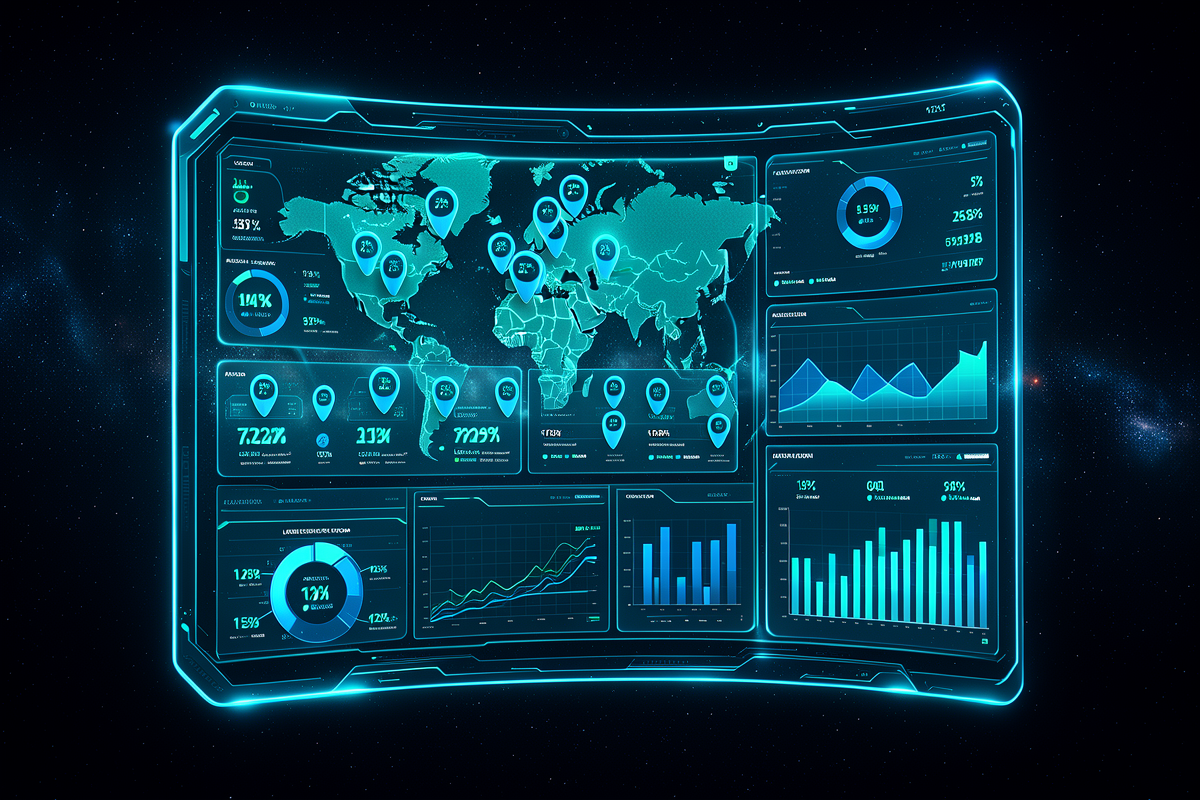 Futuristic analytics dashboard hologram with map pins and charts