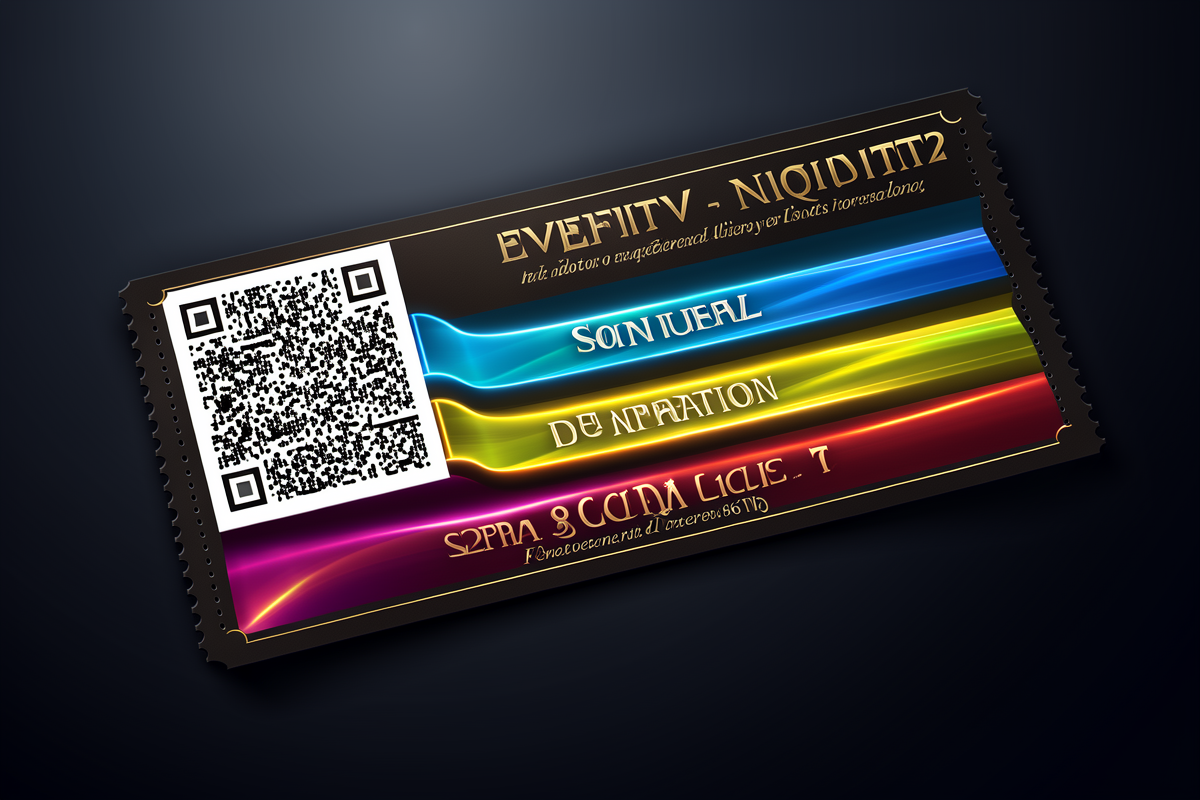 Event ticket with QR code splitting into three glowing color paths