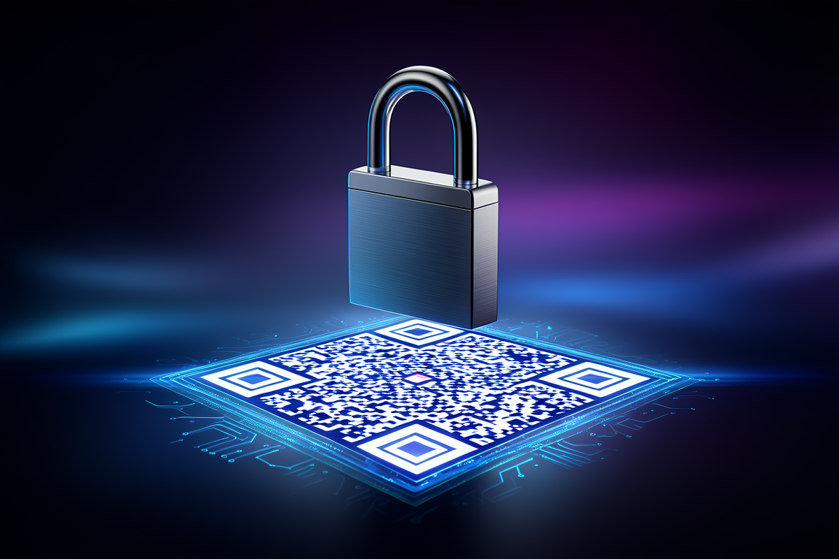 Digital padlock floating above an ethereal glowing QR code
