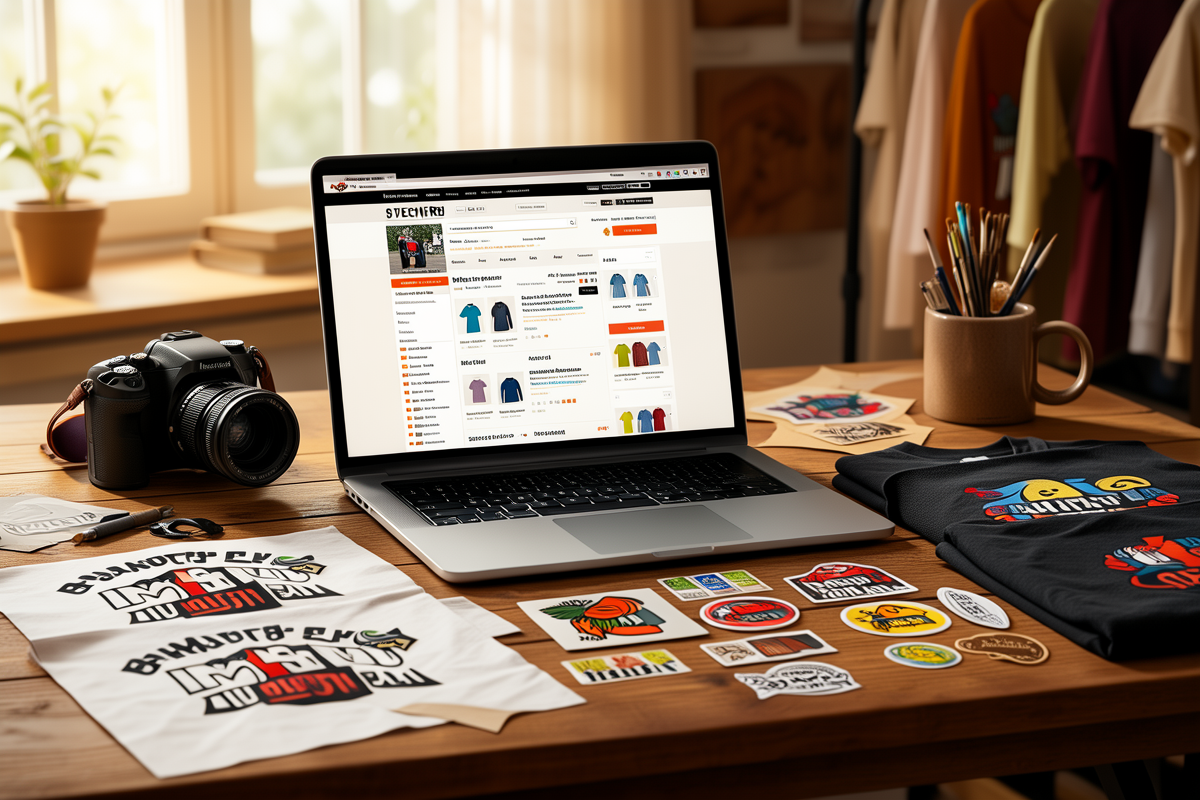 Photographer's desk with merch store and camera setup