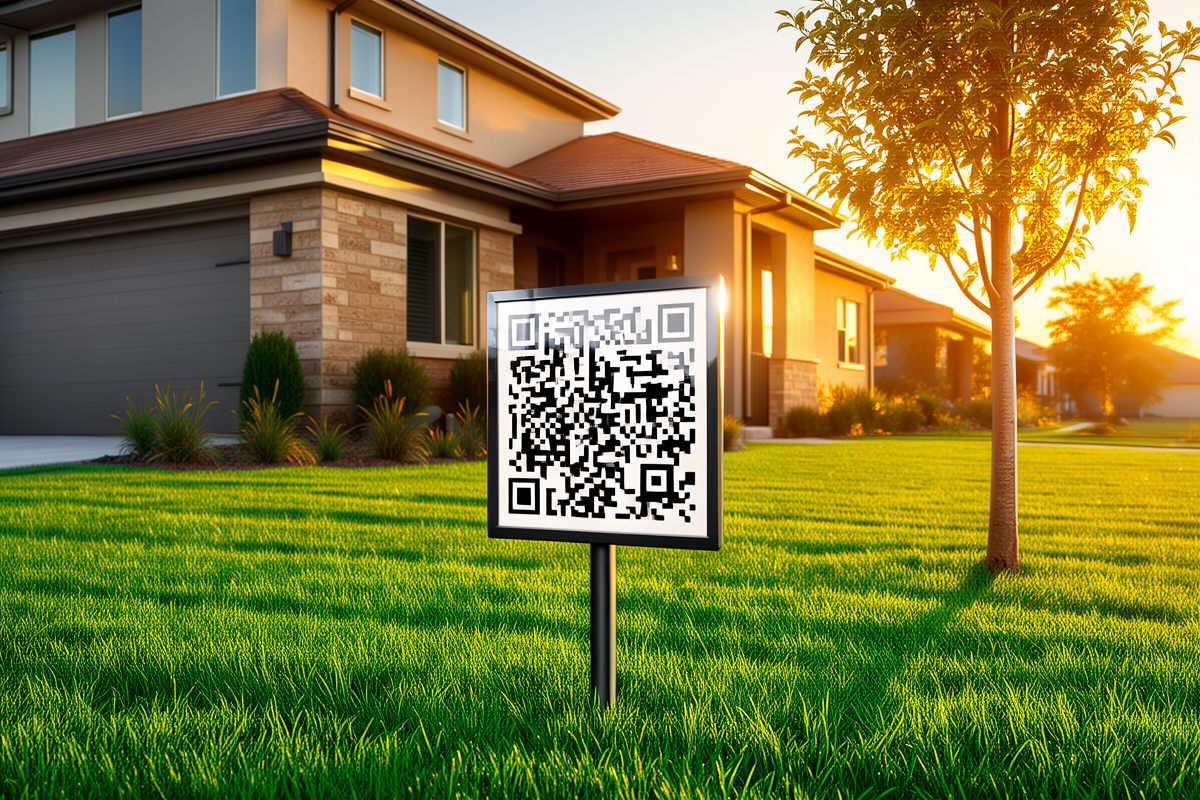 Modern home with QR code yard sign at golden hour
