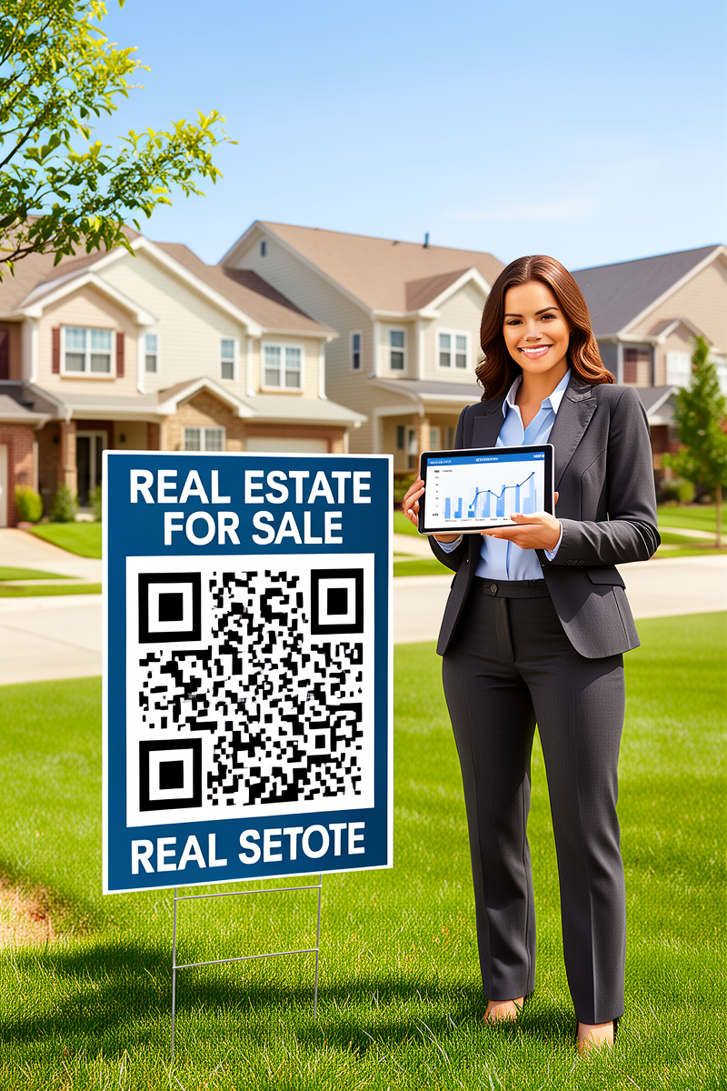 Realtor standing next to a yard sign with a QR code