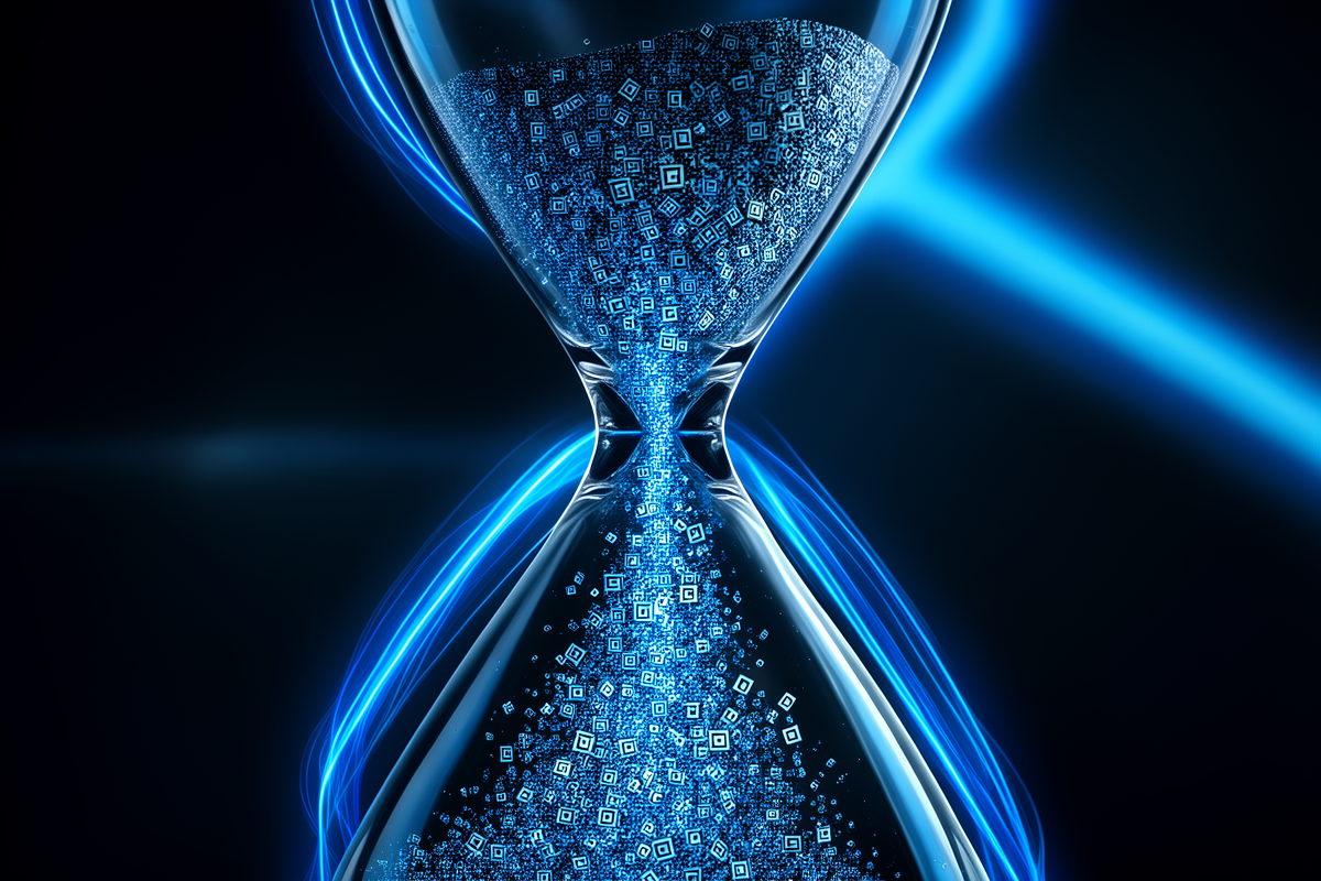 Hourglass with glowing QR code particles, sense of urgency