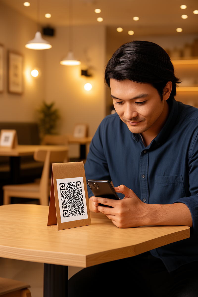 Small business owner scanning a QR code at a restaurant table