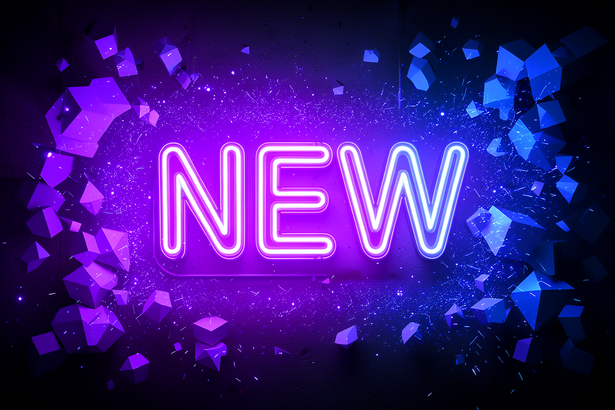 Neon NEW sign with floating geometric shapes and spark particles